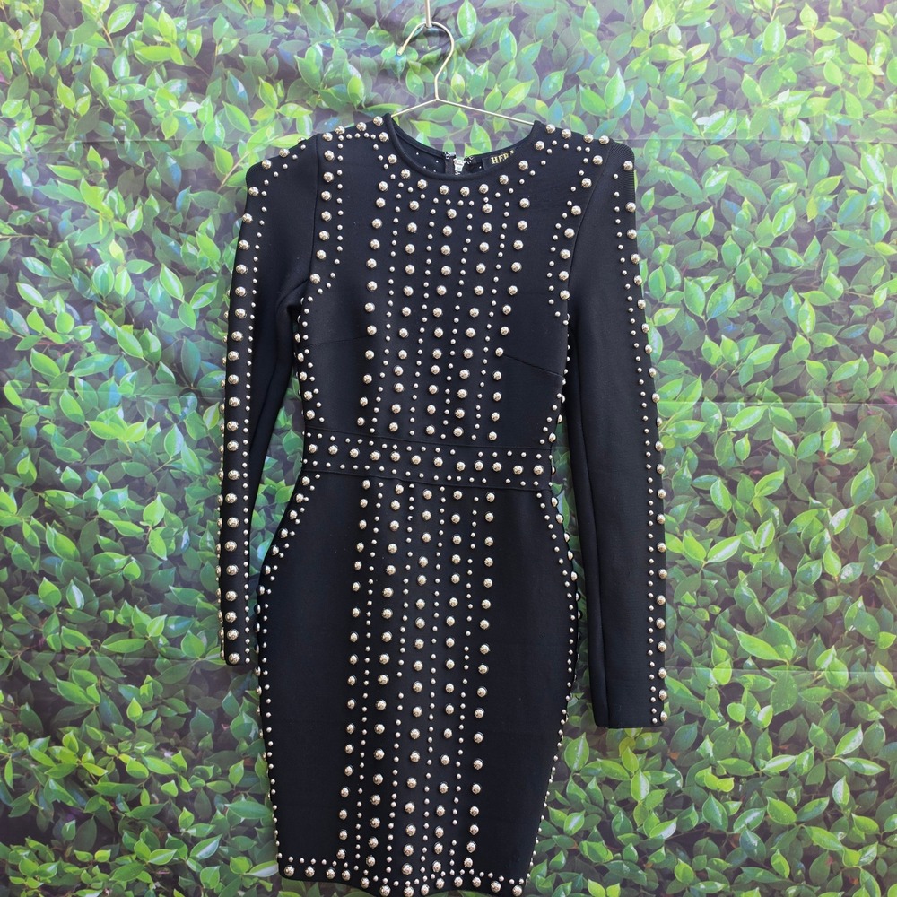 Hera Collection Black Studded Bandage Bodycon Mini Dress Long Sleeve Size S